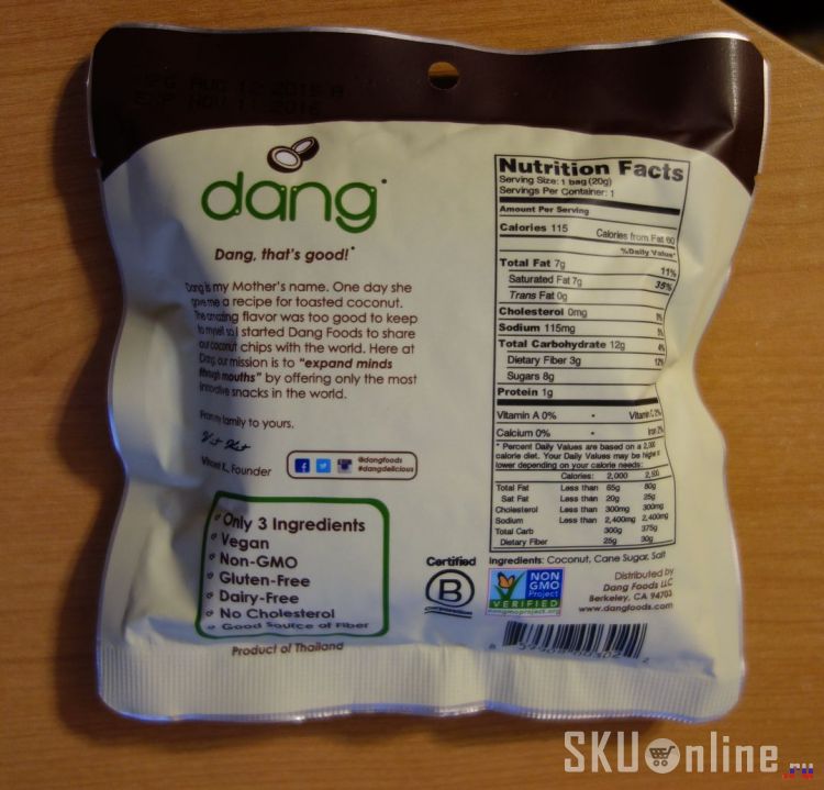 Обратная сторона упаковки Dang Foods LLC, Toasted Coconut Chips